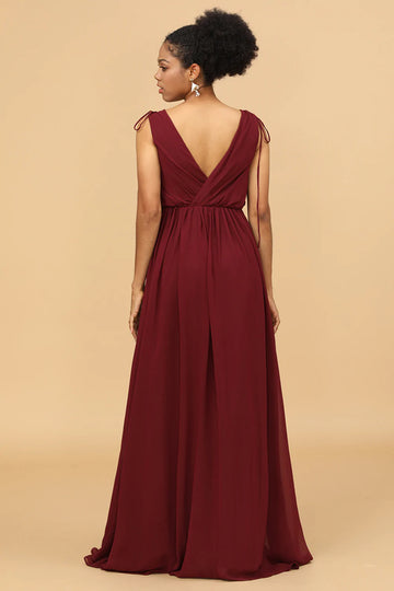 Vestido de Dama de Honor Cuello en V Burdeos